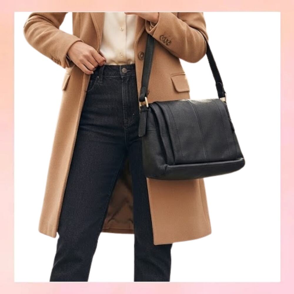 Rolfs Black Genuine Leather Flap Shoulder Bag Brass Hardware
